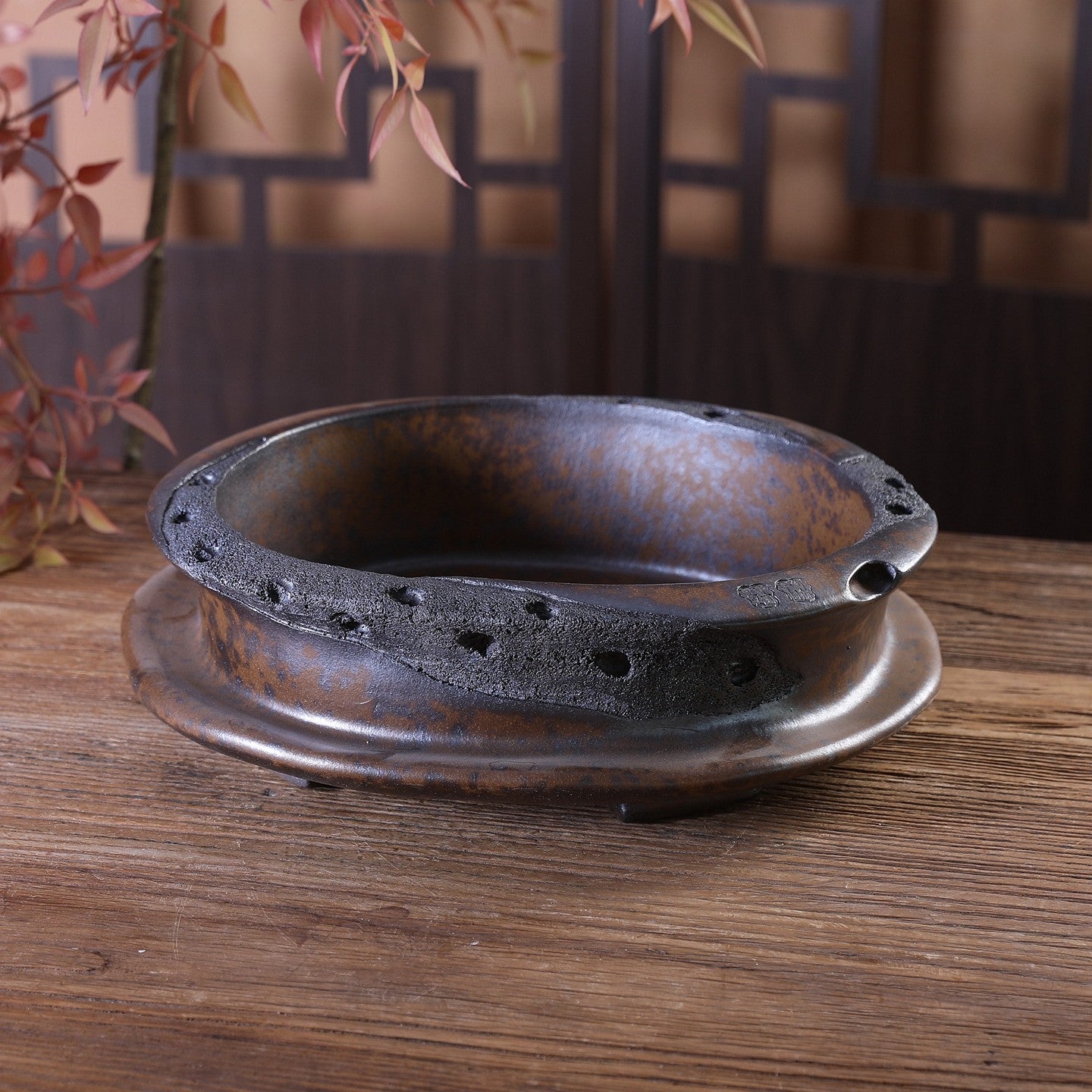 10.2" (26cm) Vaso bonsai ovale grande, cotto a legna, con finitura puntinata, non smaltato e con texture simile all'erosione