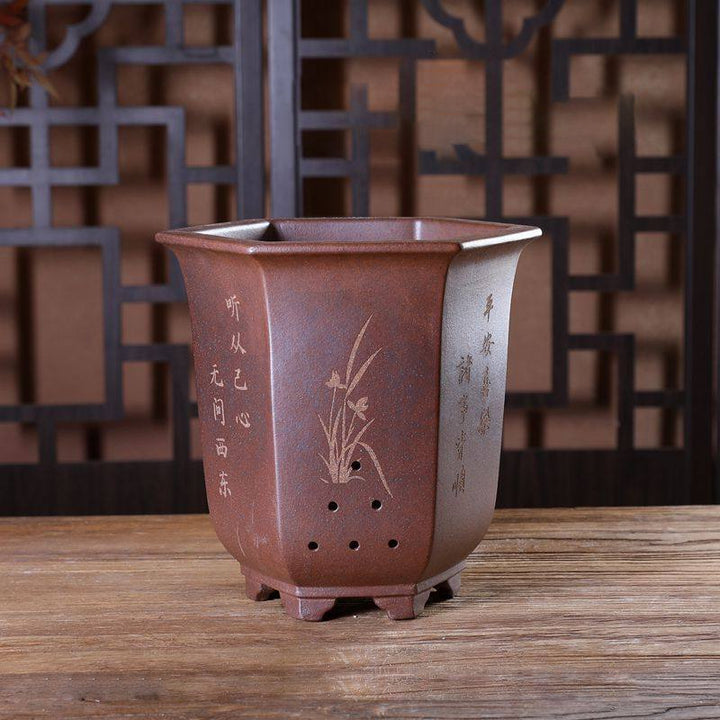 9" (23cm) Deep Hexagonal Premium Unglazed Speckled Finish Cascade Bonsai Pot