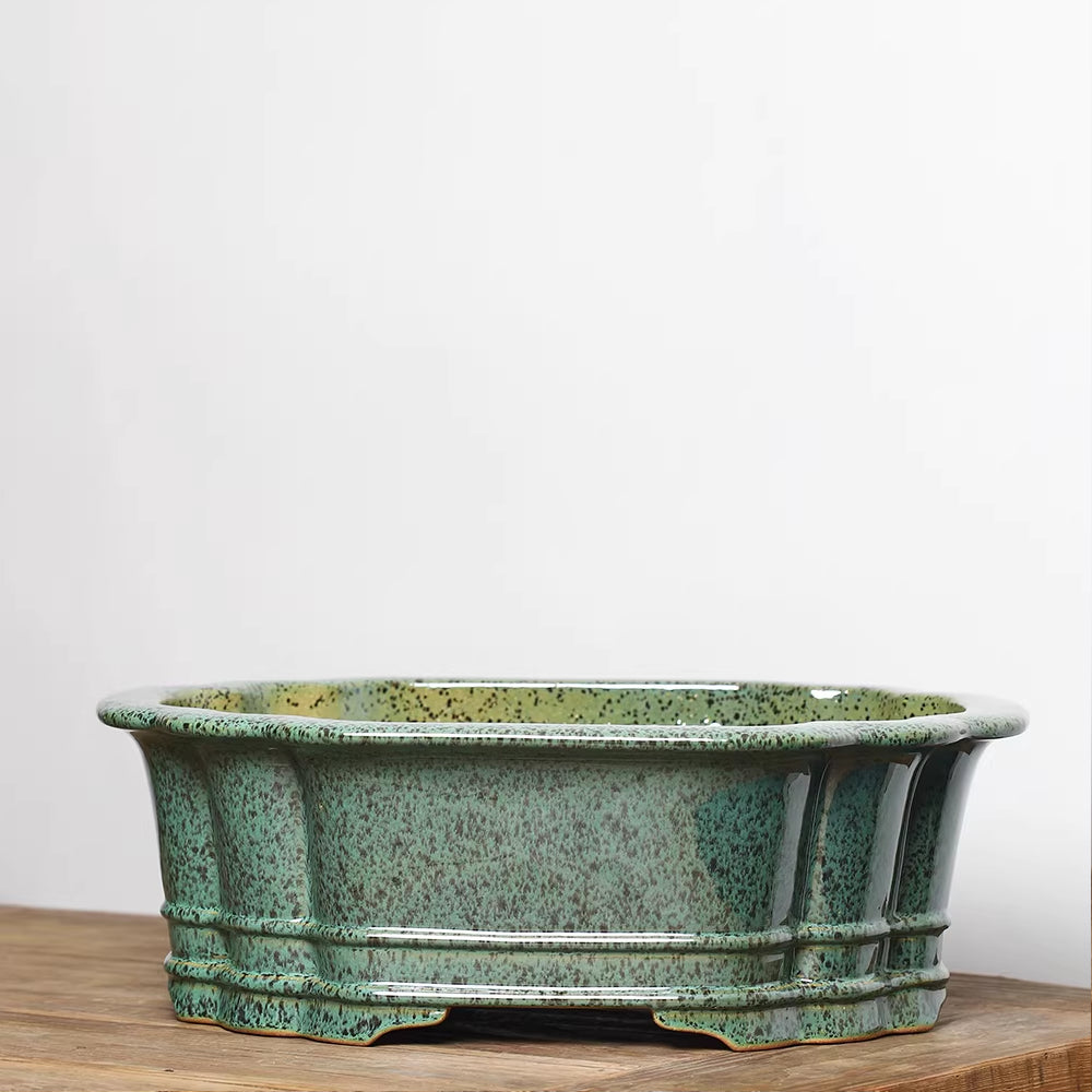 14.7" (37.5cm) Large Scalloped Oval High-Temp Green Glazed Bonsai Pot