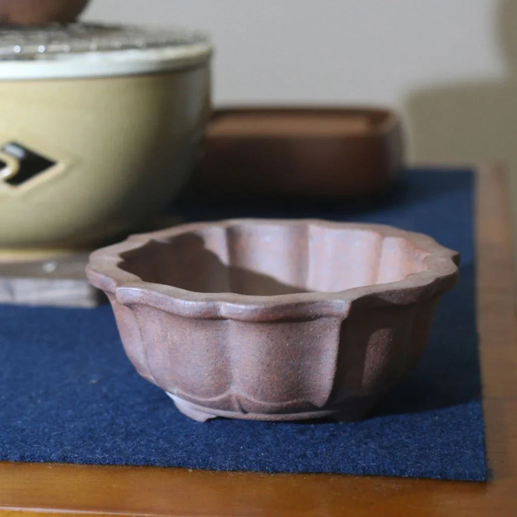 5.1" (13cm) Lotus Shaped Rustic Handmade Bonsai Pot Corner View