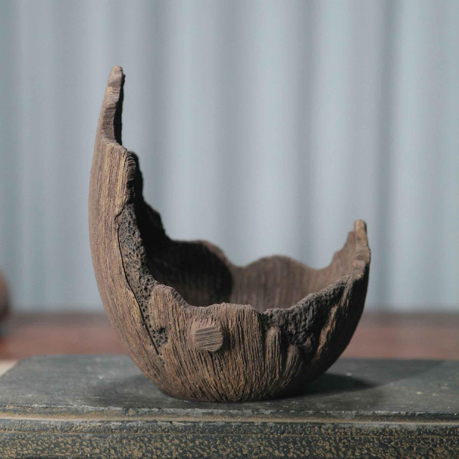 5.1" (13cm) Small Handmade Aged Wood-Like Crescent Bonsai Pot