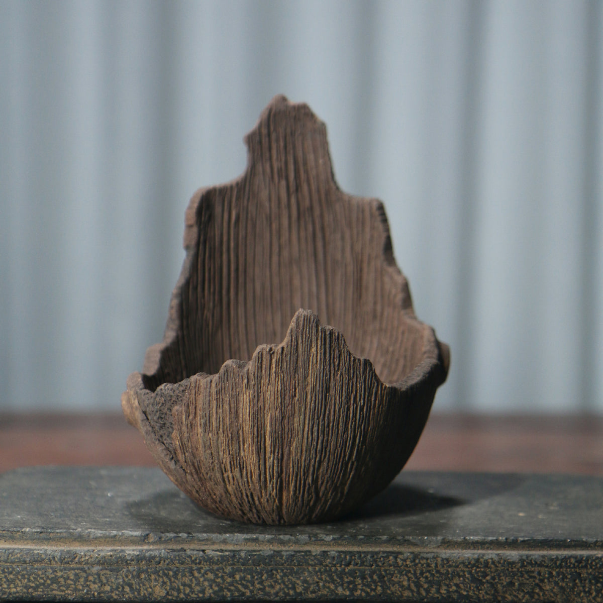 5.1" (13cm) Small Handmade Aged Wood-Like Crescent Bonsai Pot Front View
