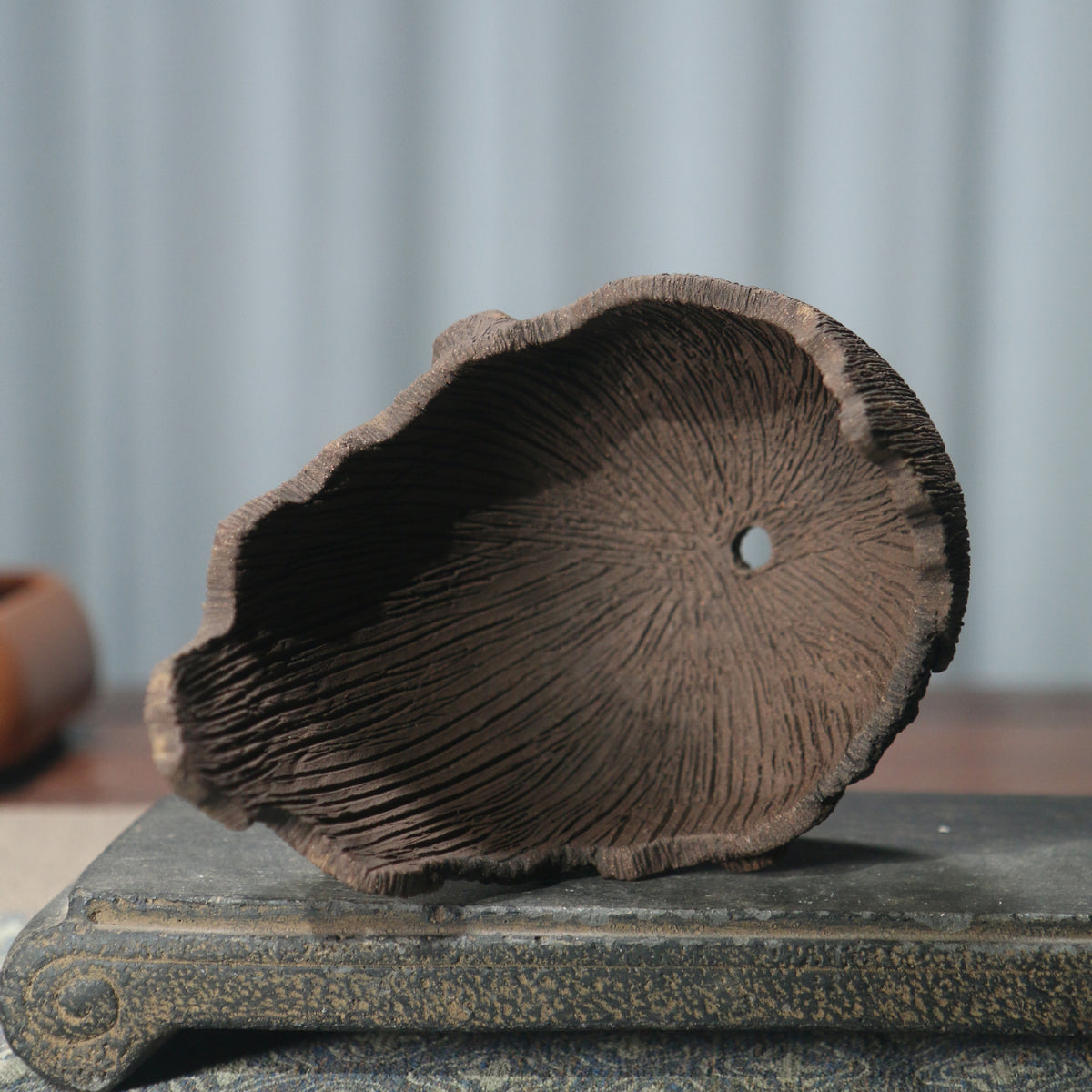 5.1" (13cm) Small Handmade Aged Wood-Like Crescent Bonsai Pot Inner View