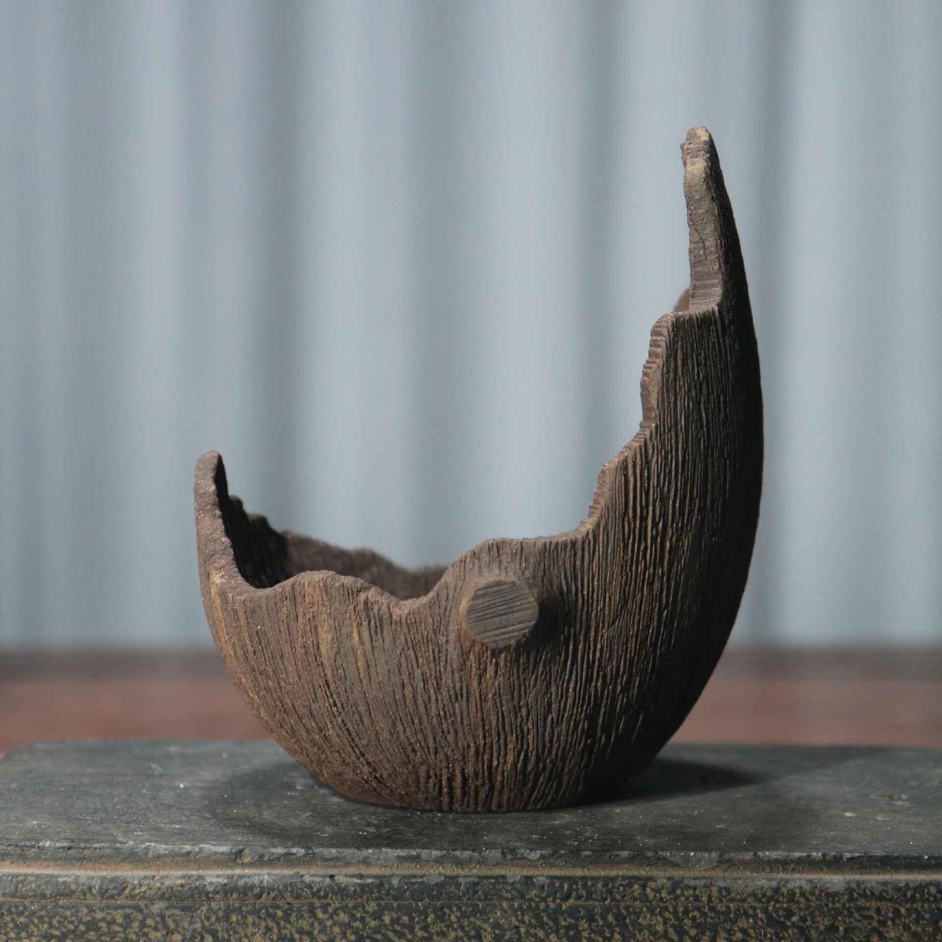 5.1" (13cm) Small Handmade Aged Wood-Like Crescent Bonsai Pot