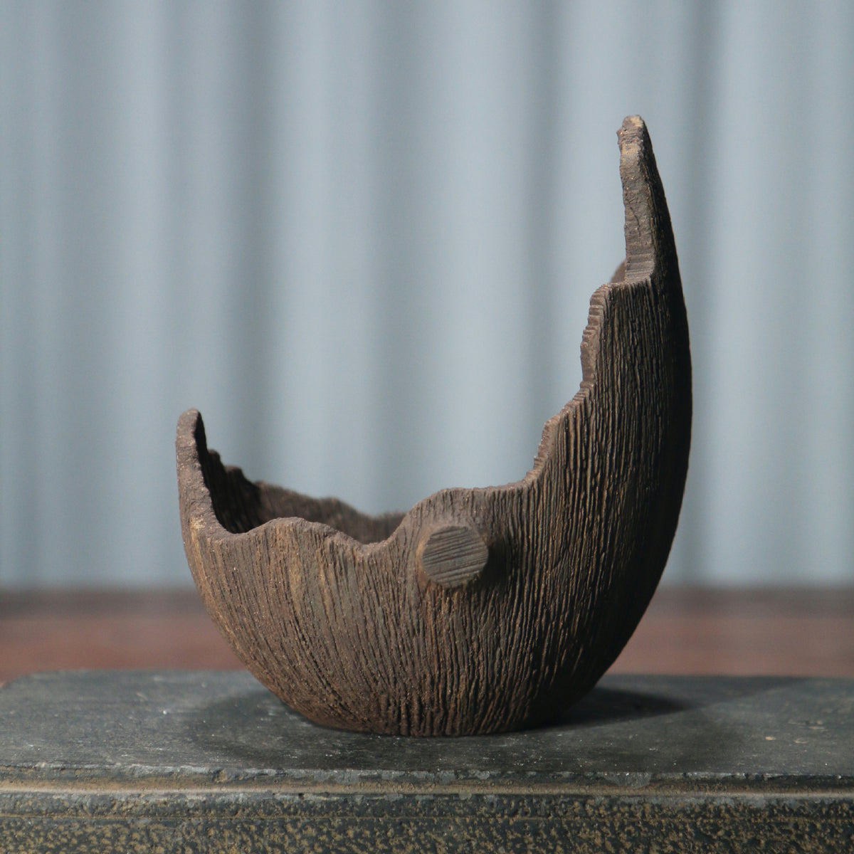 5.1" (13cm) Small Handmade Aged Wood-Like Crescent Bonsai Pot Opposite Side View