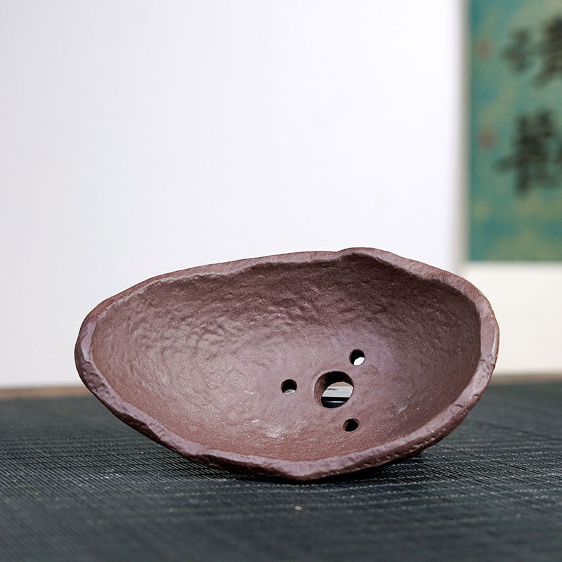 5.1" (13cm) Small Handmade Unglazed Crescent Bonsai Pot Inner View