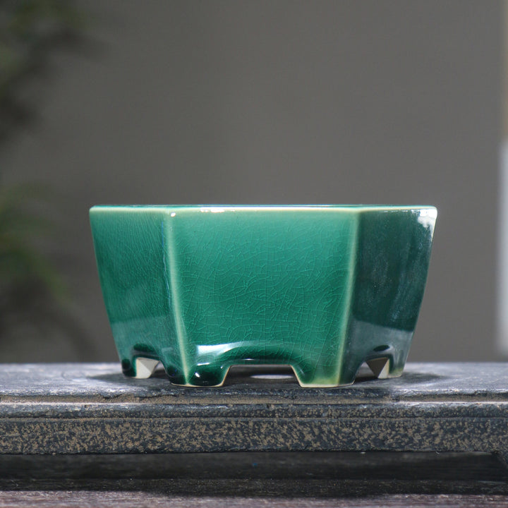 5.1" (13cm) Small Hexagonal Glazed Bonsai Pots Green Cracked Glaze Color