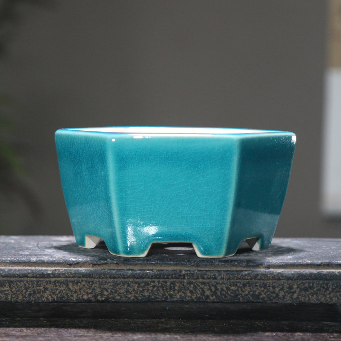5.1" (13cm) Small Hexagonal Glazed Bonsai Pots Peacock Blue Cracked Glaze Color