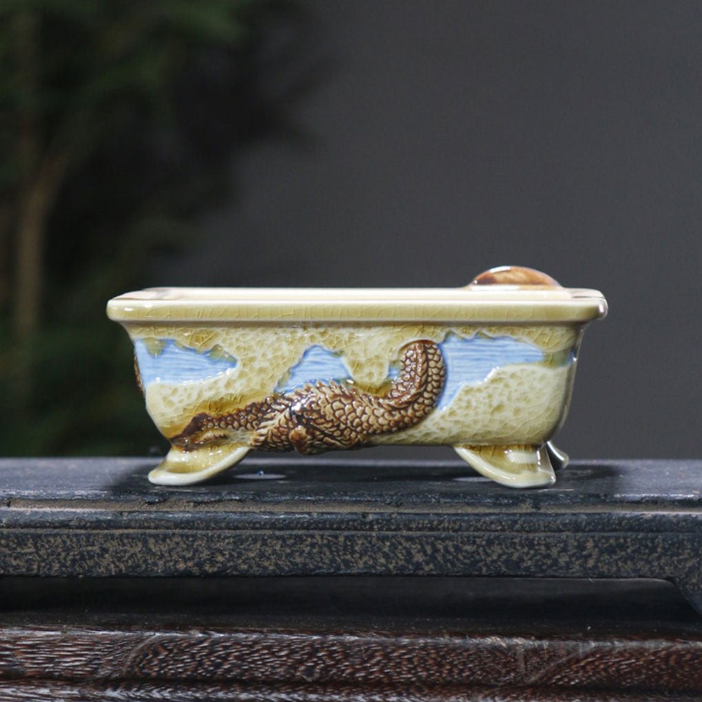 5.1" (13cm) Small Rectangular Artistic Dragon Glazed Bonsai Pots Back View