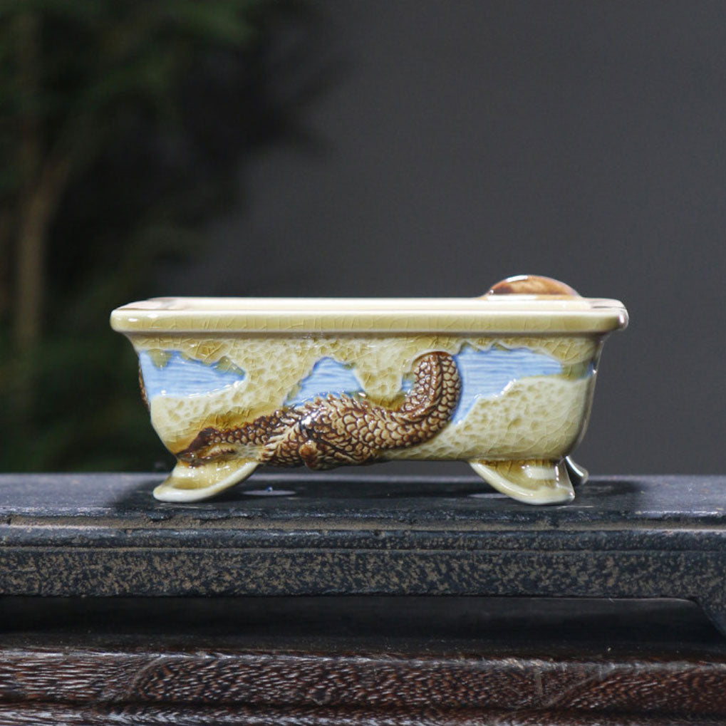 5.1" (13cm) Small Rectangular Artistic Dragon Glazed Bonsai Pots Back View