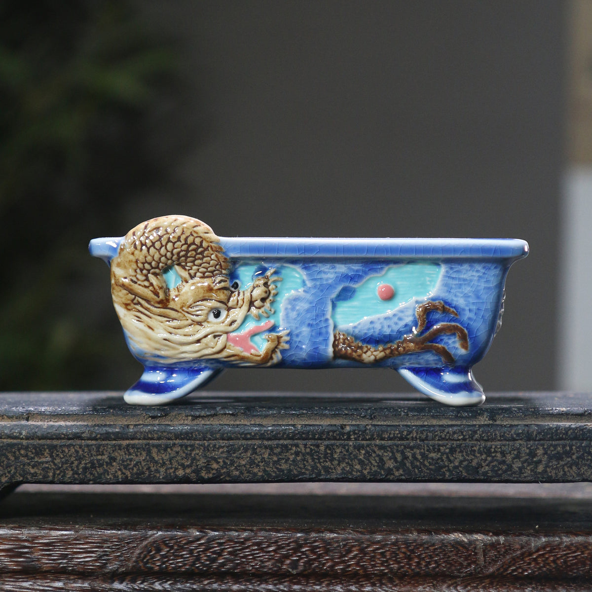 5.1" (13cm) Small Rectangular Artistic Dragon Glazed Bonsai Pots Blue Color