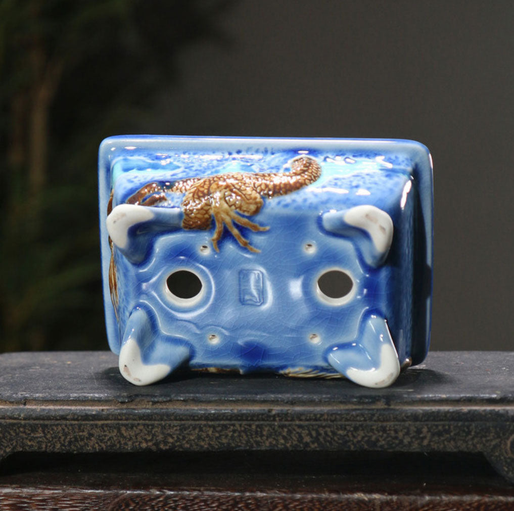 5.1" (13cm) Small Rectangular Artistic Dragon Glazed Bonsai Pots Bottom View