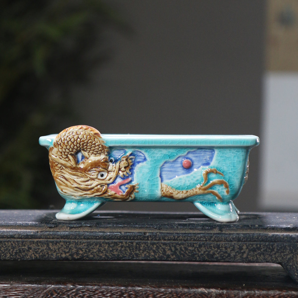 5.1" (13cm) Small Rectangular Artistic Dragon Glazed Bonsai Pots Green Color