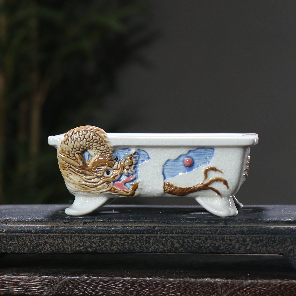 5.1" (13cm) Small Rectangular Artistic Dragon Glazed Bonsai Pots White Color