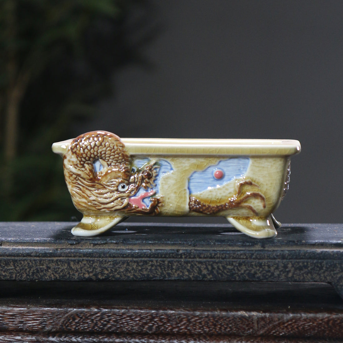 5.1" (13cm) Small Rectangular Artistic Dragon Glazed Bonsai Pots Yellow Color