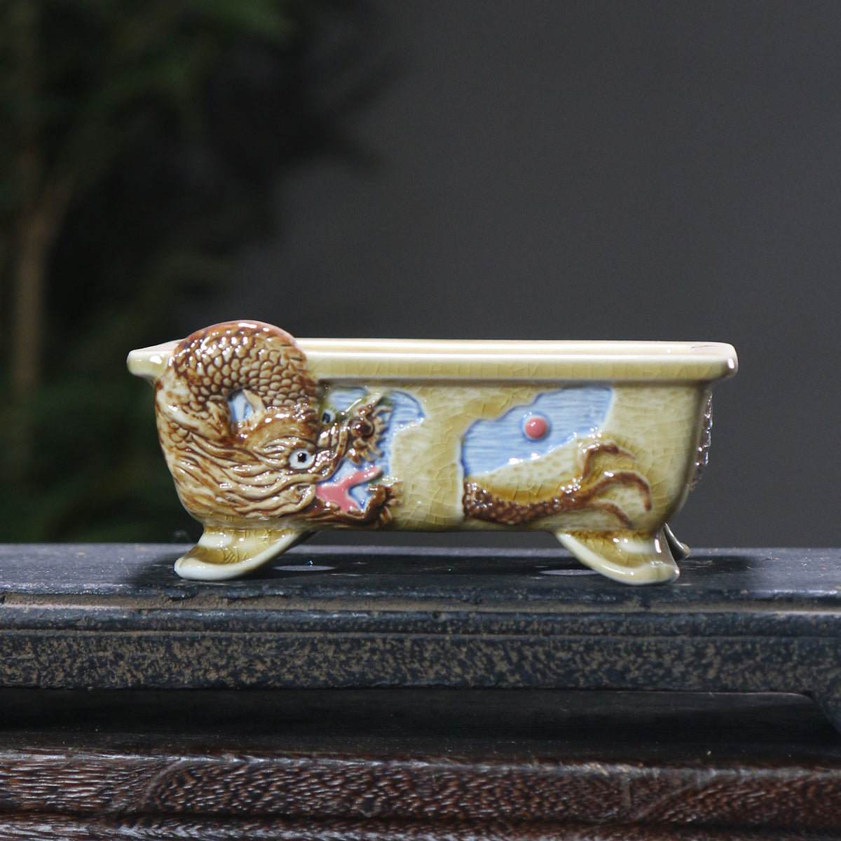 5.1" (13cm) Small Rectangular Artistic Dragon Glazed Bonsai Pots Yellow Color