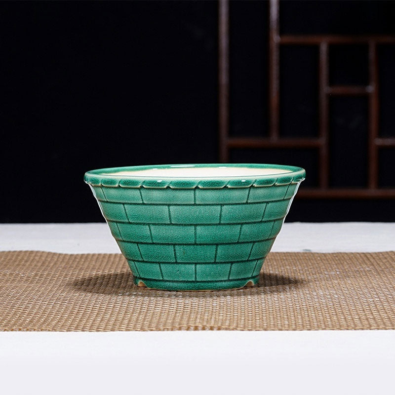 5.1" (13cm) Small Round Brick-Patterned Cracked Glaze Bonsai Pot