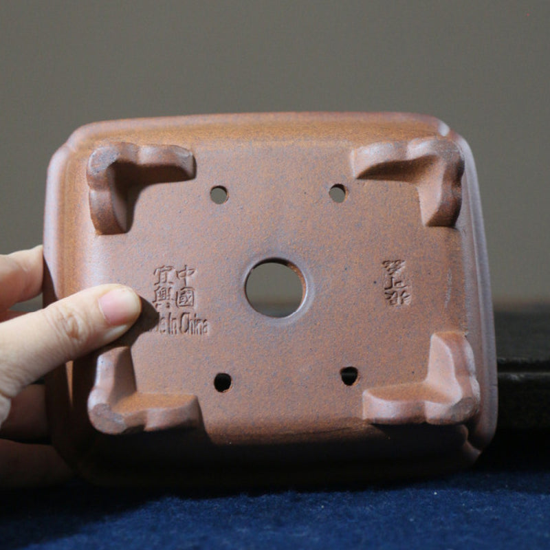 5.1 inch (13cm) Rectangular Indented Corner Wood-Fired Unglazed Bonsai Pot with Cloud Feet Bottom View
