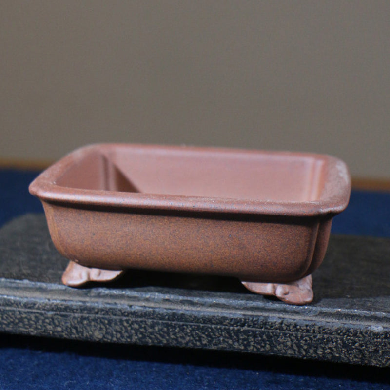 5.1 inch (13cm) Rectangular Indented Corner Wood-Fired Unglazed Bonsai Pot with Cloud Feet Corner View