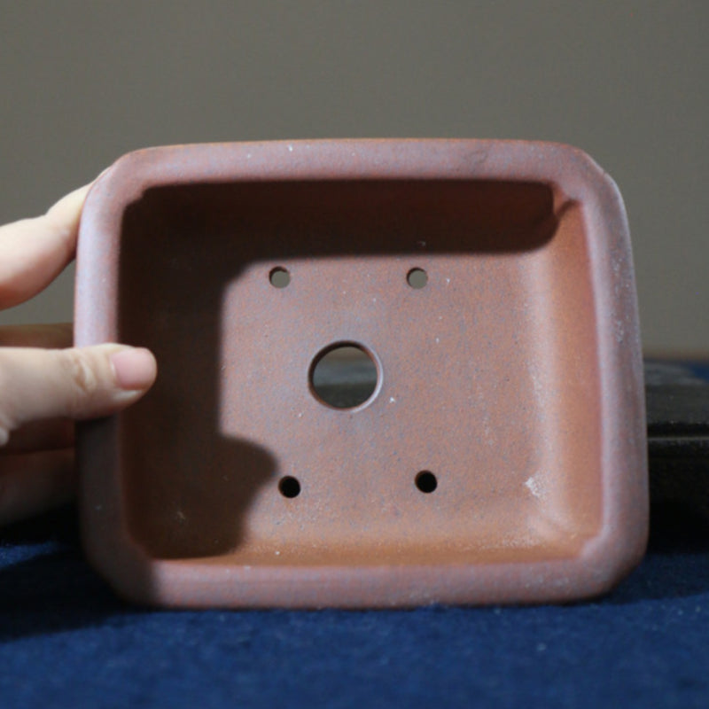 5.1 inch (13cm) Rectangular Indented Corner Wood-Fired Unglazed Bonsai Pot with Cloud Feet Inner View