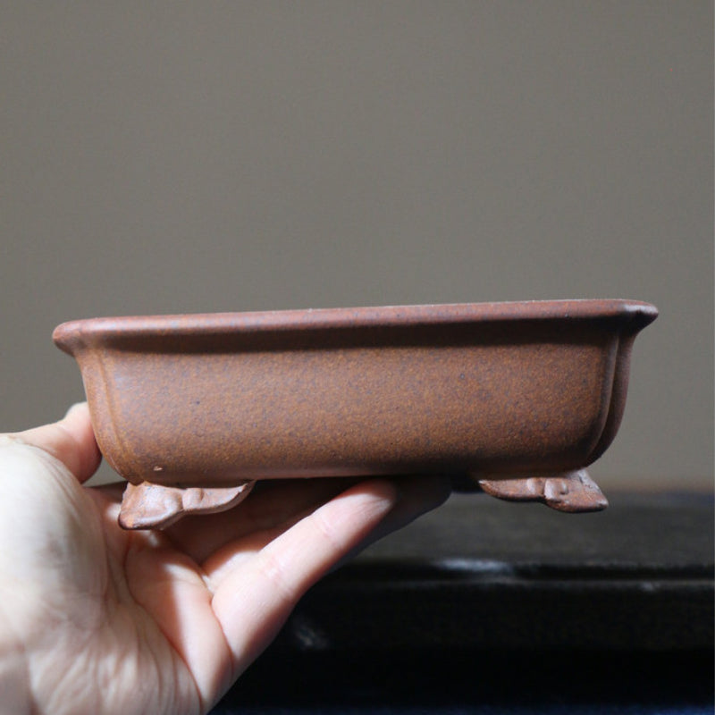 5.1 inch (13cm) Rectangular Indented Corner Wood-Fired Unglazed Bonsai Pot with Cloud Feet