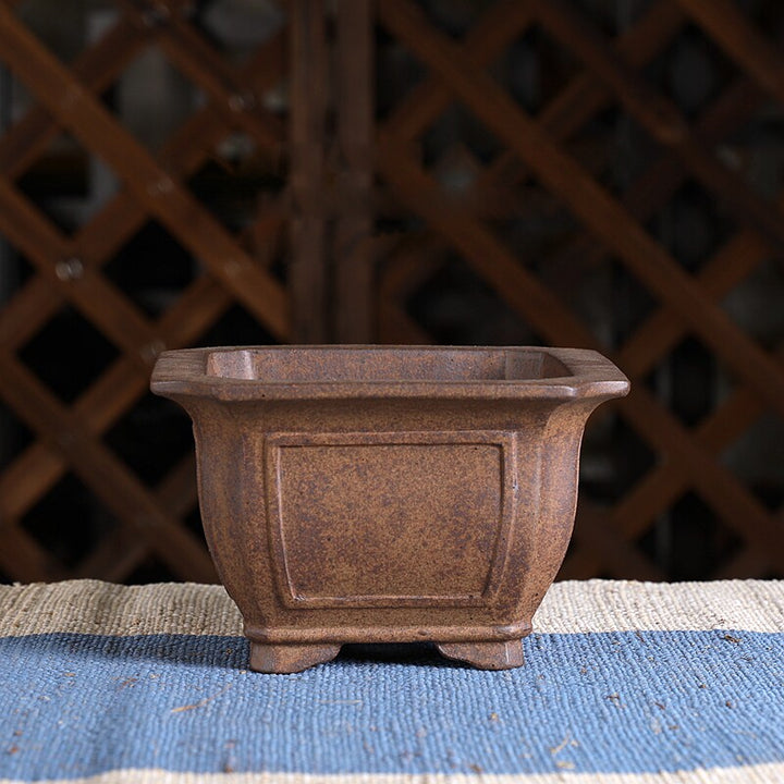 5.1 inch (13cm) Wide 3.4 inch (8.8cm) Deep Square Wood-Fired Unglazed Semi-Cascade Bonsai Pot