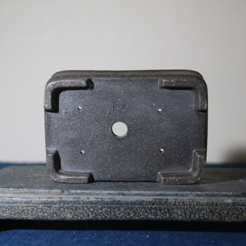5.2 inch (13.2cm) Small Rectangular Unglazed Bonsai Pot w Bamboo Joint-Style Base Bottom View