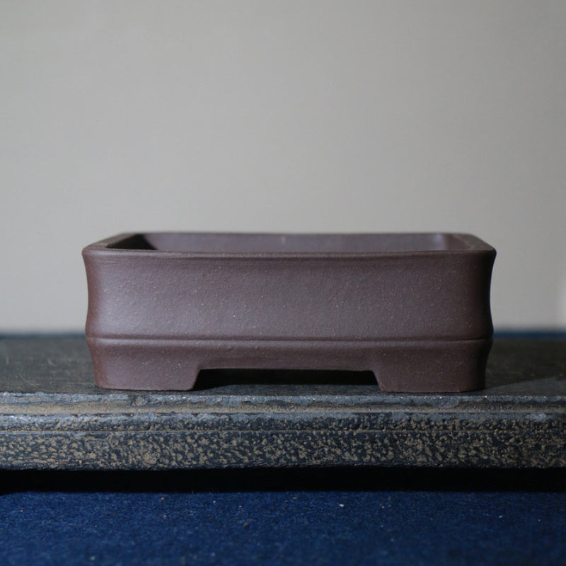 5.2 inch (13.2cm) Small Rectangular Unglazed Bonsai Pot w Bamboo Joint-Style Base Brown Color