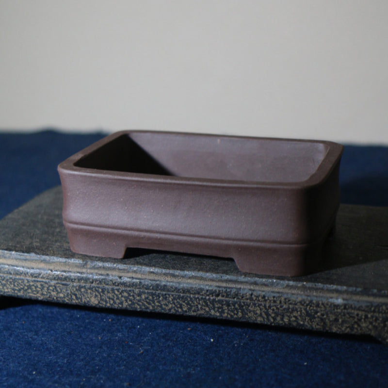 5.2 inch (13.2cm) Small Rectangular Unglazed Bonsai Pot w Bamboo Joint-Style Base Corner View