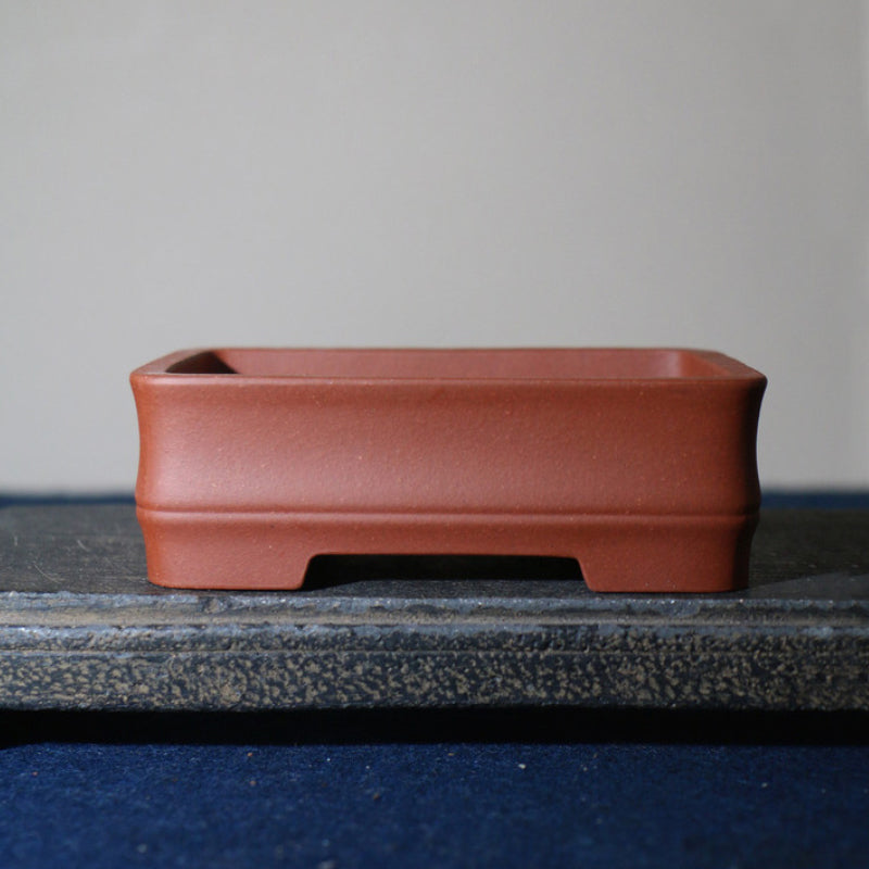 5.2 inch (13.2cm) Small Rectangular Unglazed Bonsai Pot w Bamboo Joint-Style Base Reddish Brown Color