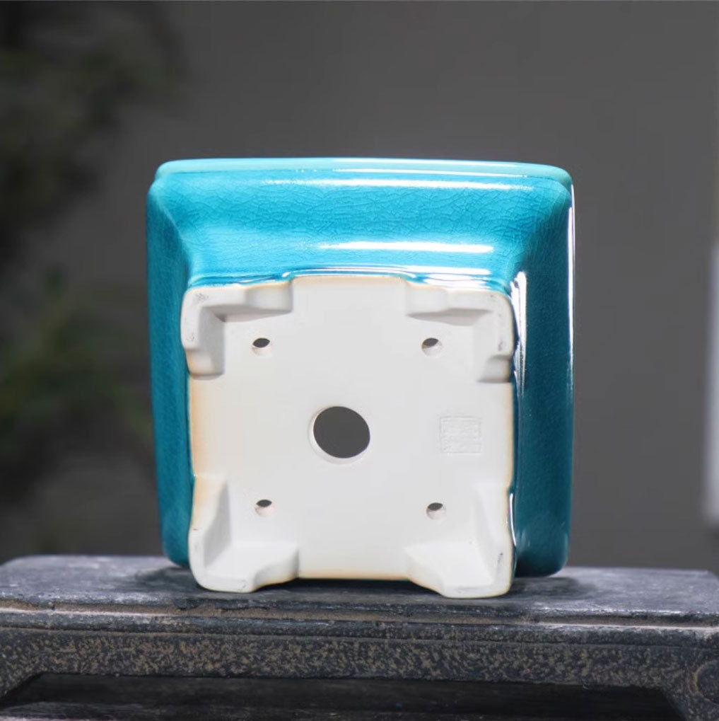 5.3" (13.5cm) Small Flared Square Cracked Glaze Bonsai Pots Bottom View
