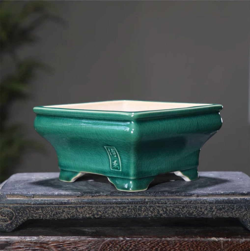 5.3" (13.5cm) Small Flared Square Cracked Glaze Bonsai Pots Corner View
