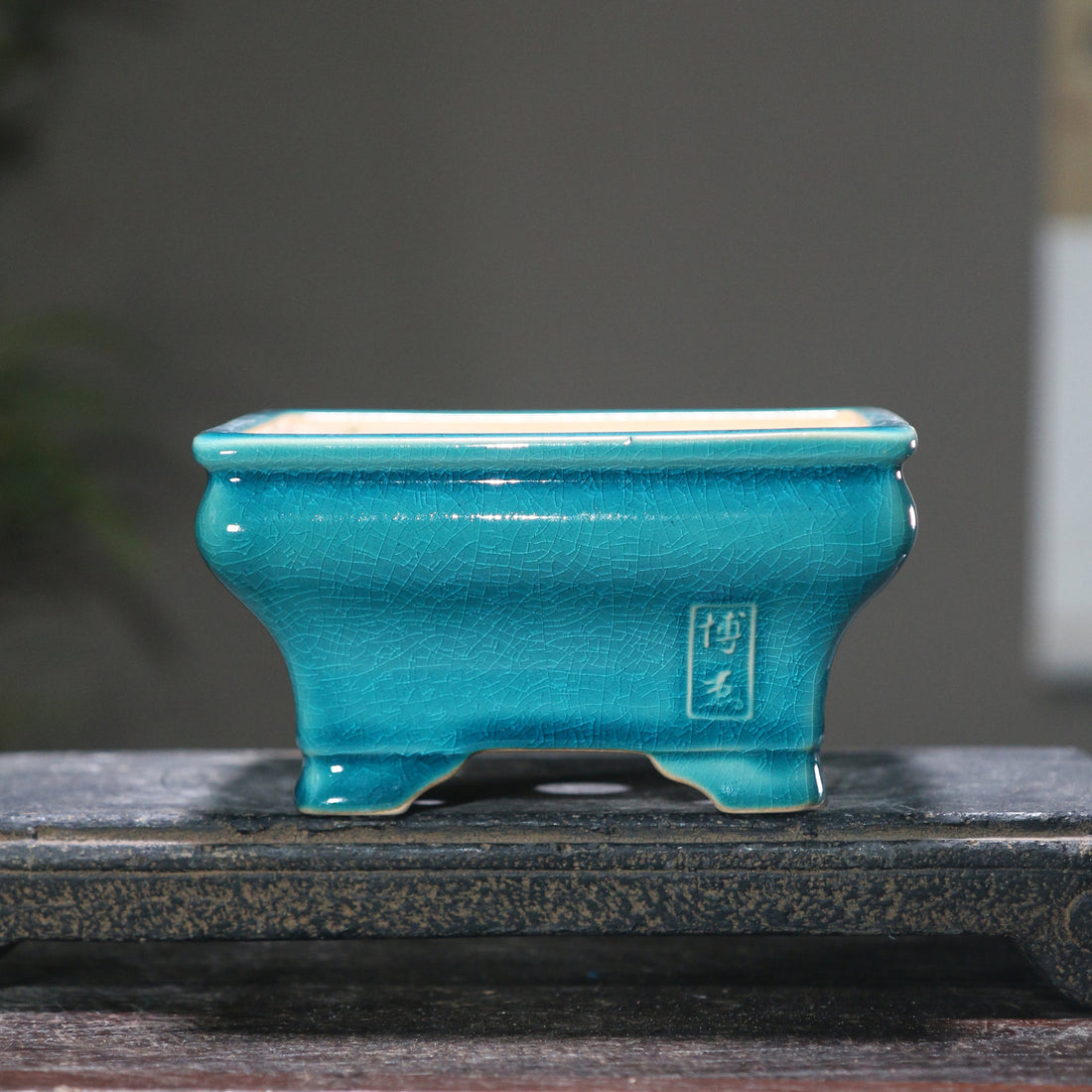 5.3" (13.5cm) Small Flared Square Cracked Glaze Bonsai Pots Peacock Blue Color