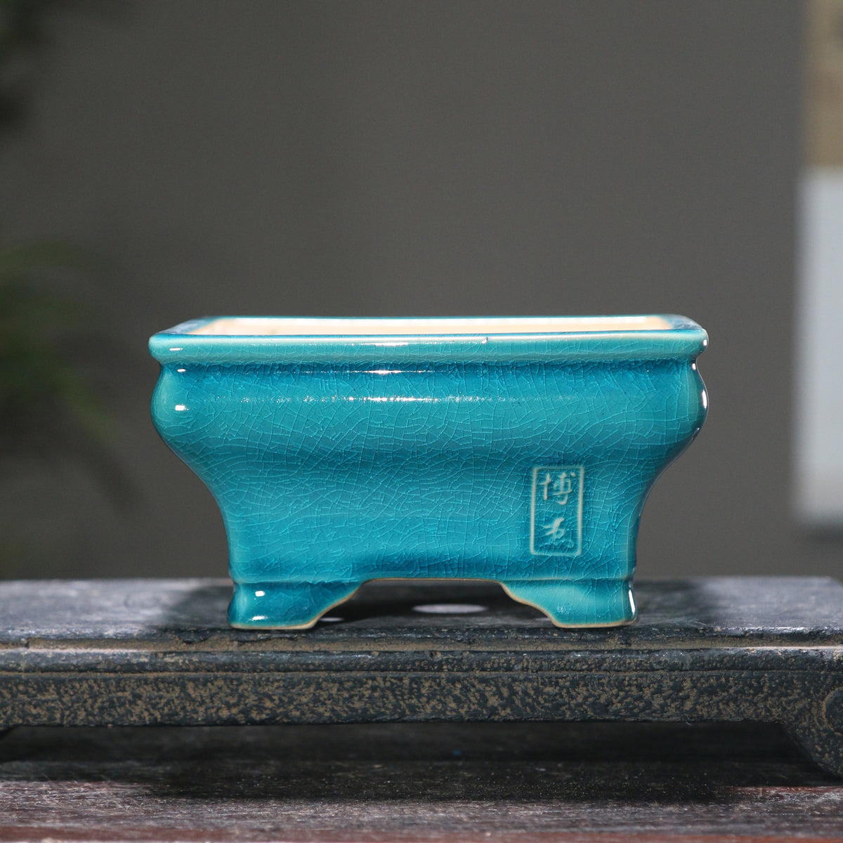 5.3" (13.5cm) Small Flared Square Cracked Glaze Bonsai Pots Peacock Blue Color