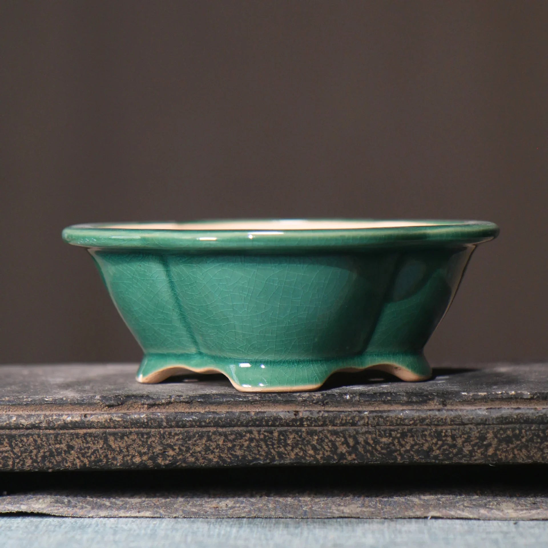 5.3" (13.5cm) Small Lotus Shaped Cracked Glaze Bonsai Pots Green Color