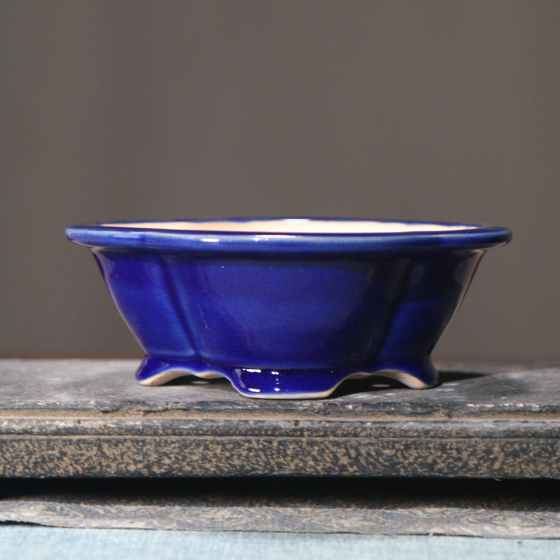 5.3" (13.5cm) Small Lotus Shaped Glazed Bonsai Pots Blue Color