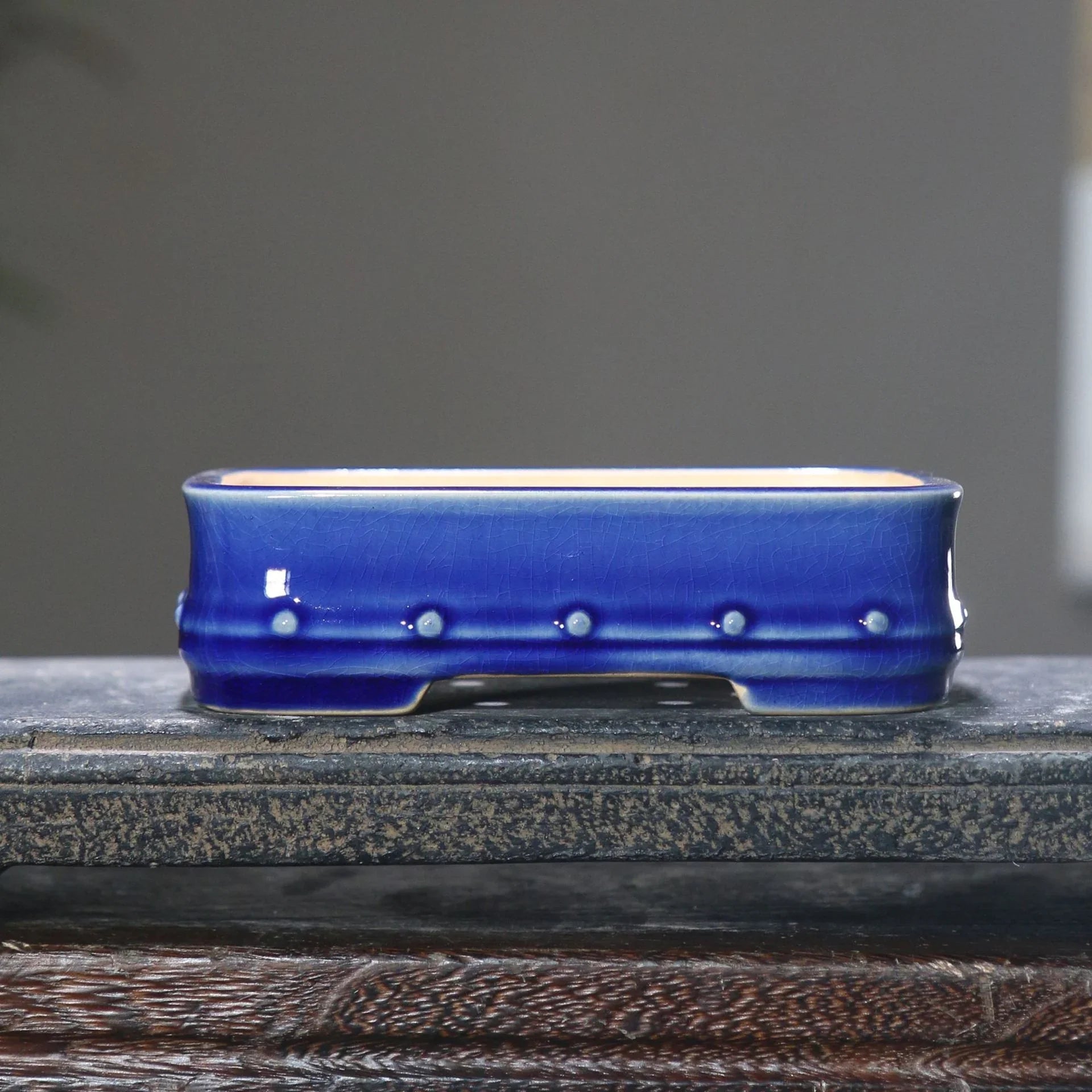5.3" (13.5cm) Small Rectangular Cracked Glaze Studded Bonsai Pots Blue Color