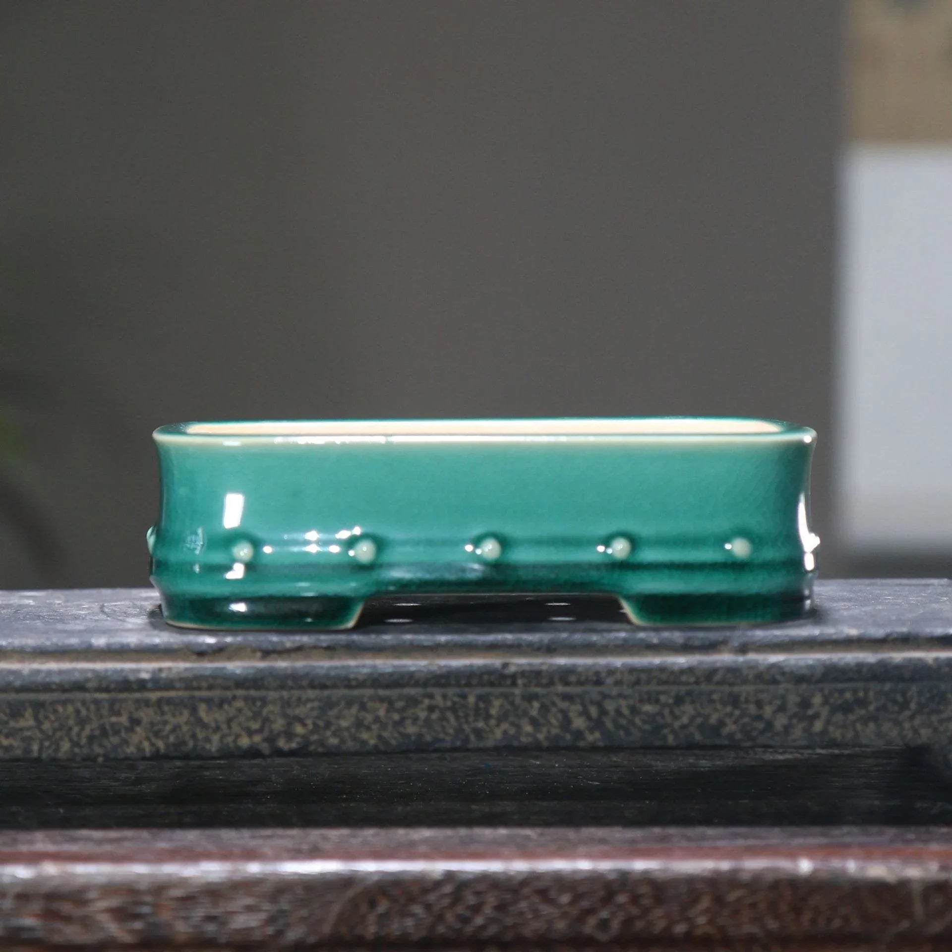 5.3" (13.5cm) Small Rectangular Cracked Glaze Studded Bonsai Pots Green Color