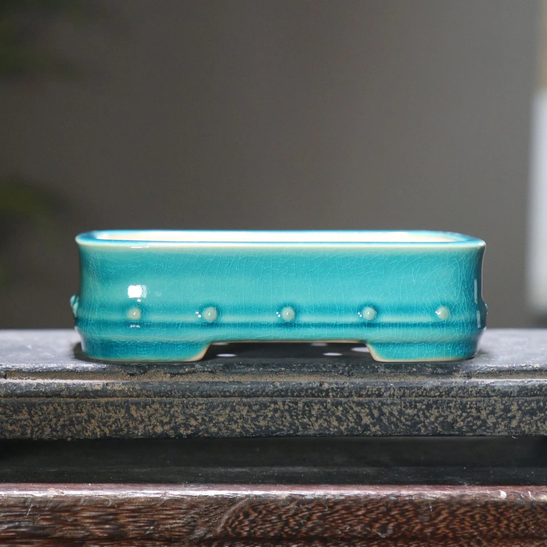 5.3" (13.5cm) Small Rectangular Cracked Glaze Studded Bonsai Pots Peacock Blue Color
