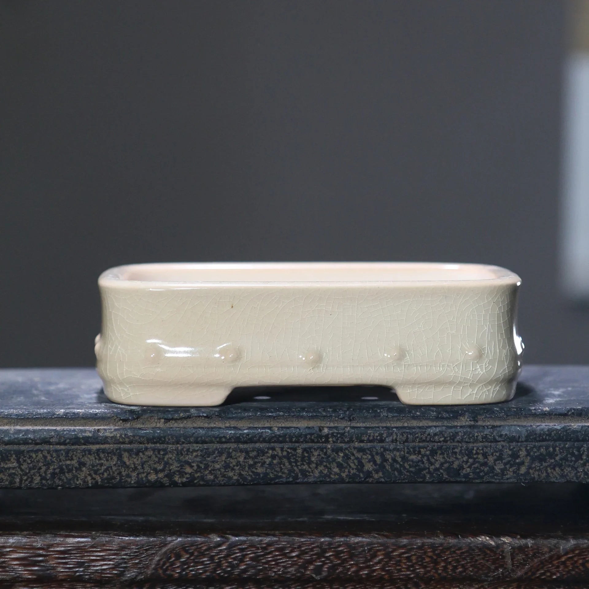 5.3" (13.5cm) Small Rectangular Cracked Glaze Studded Bonsai Pots White Color