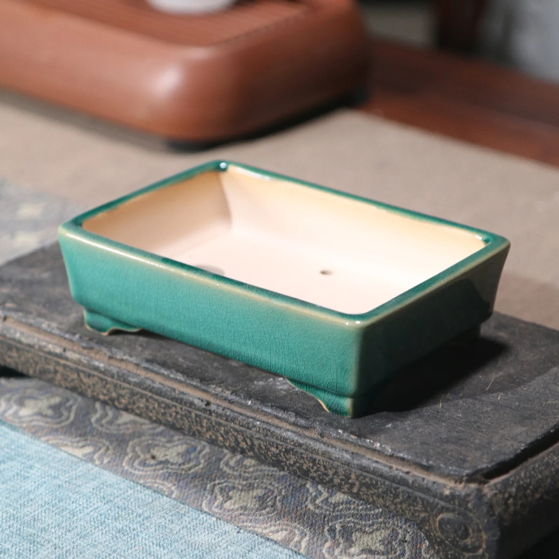 5.3" (13.6cm) Rectangular Glazed Mini Classic Bonsai Pots Corner View