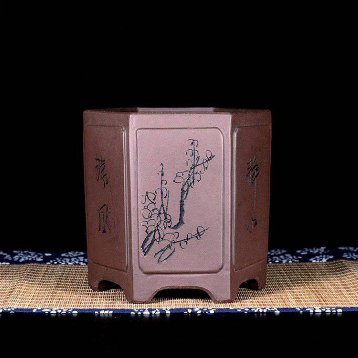 5.3 inch (13.5cm) Deep Hexagonal Cascade Bonsai Pot w Floral Engravings