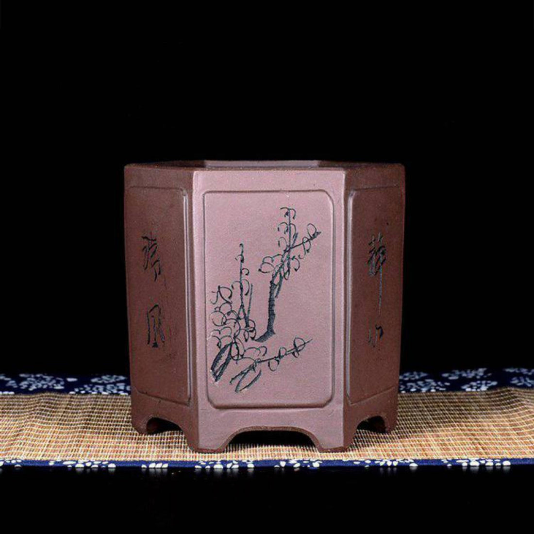 5.3 inch (13.5cm) Deep Hexagonal Cascade Bonsai Pot w Floral Engravings