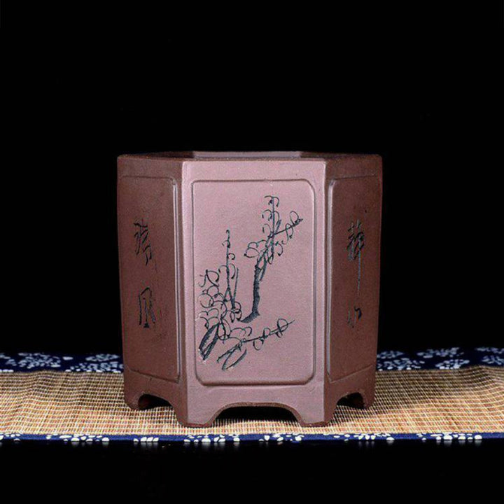 5.3 inch (13.5cm) Deep Hexagonal Cascade Bonsai Pot w Floral Engravings