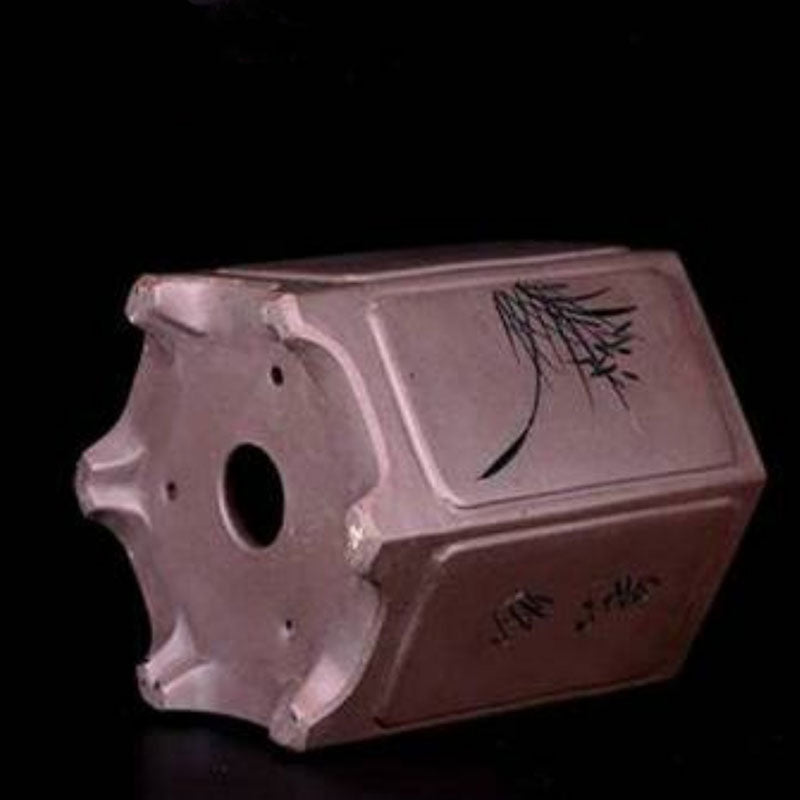 5.3 inch (13.5cm) Deep Hexagonal Cascade Bonsai Pot w Floral Engravings Bottom View