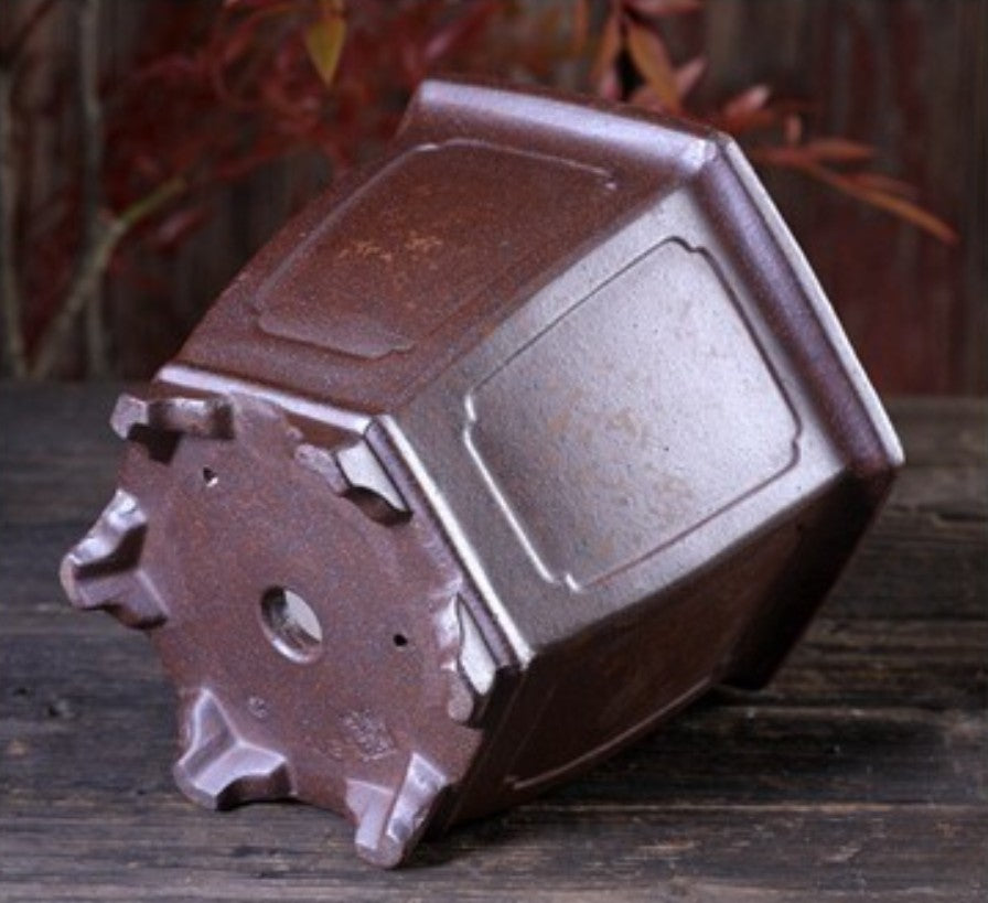 5.3 inch (13.5cm) Deep Hexagonal Wood-Fired Unglazed Cascade/Semi Cascade Bonsai Pot Bottom VIew