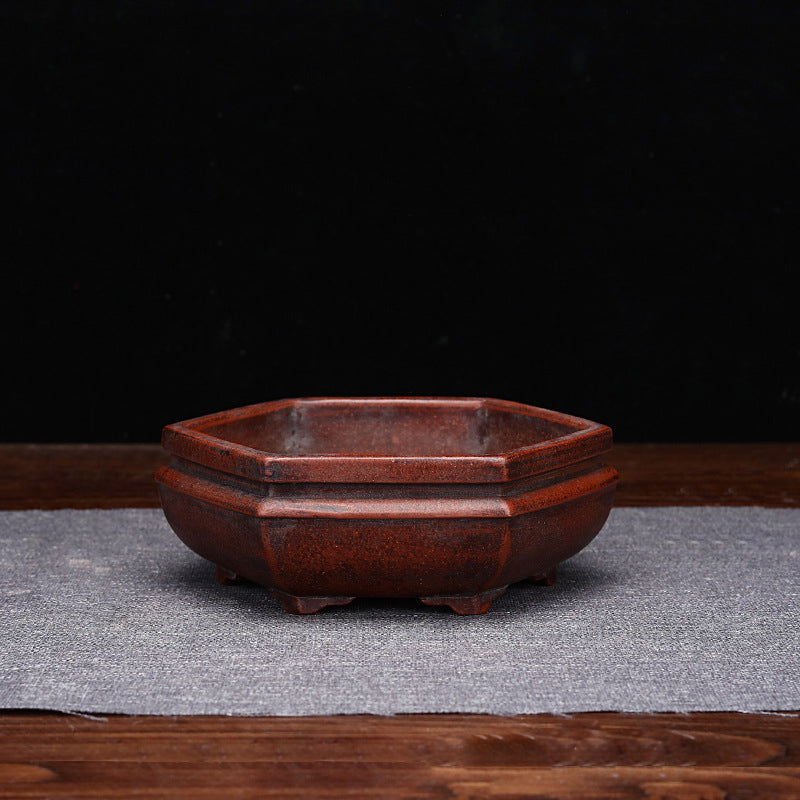 5.3 inch (13.5cm) Small Antique Style Hexagonal Yixing Ceramic Unglazed Bonsai Pot