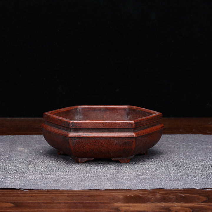 5.3 inch (13.5cm) Small Antique Style Hexagonal Yixing Ceramic Unglazed Bonsai Pot