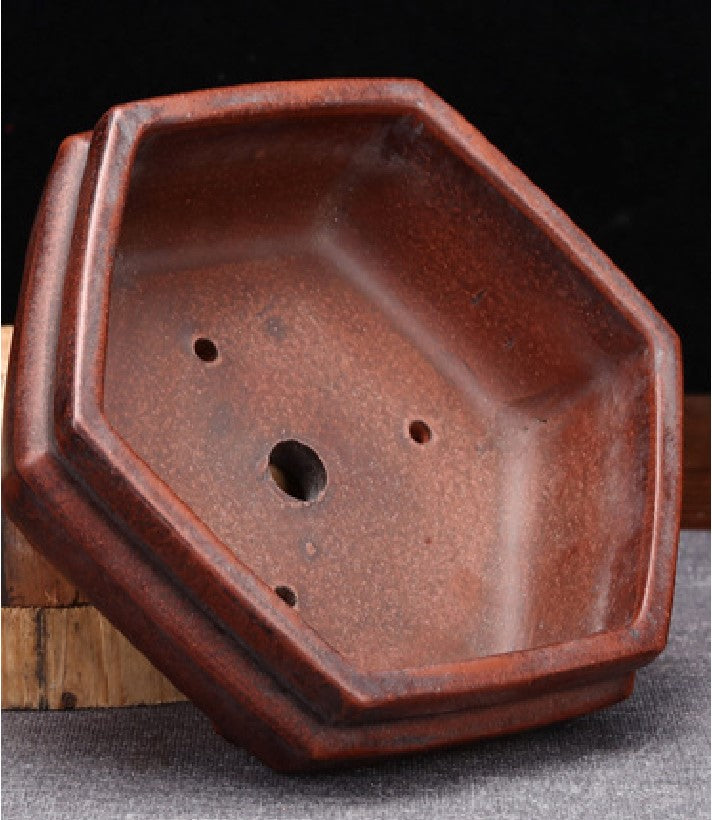5.3 inch (13.5cm) Small Antique Style Hexagonal Yixing Ceramic Unglazed Bonsai Pot Inner View