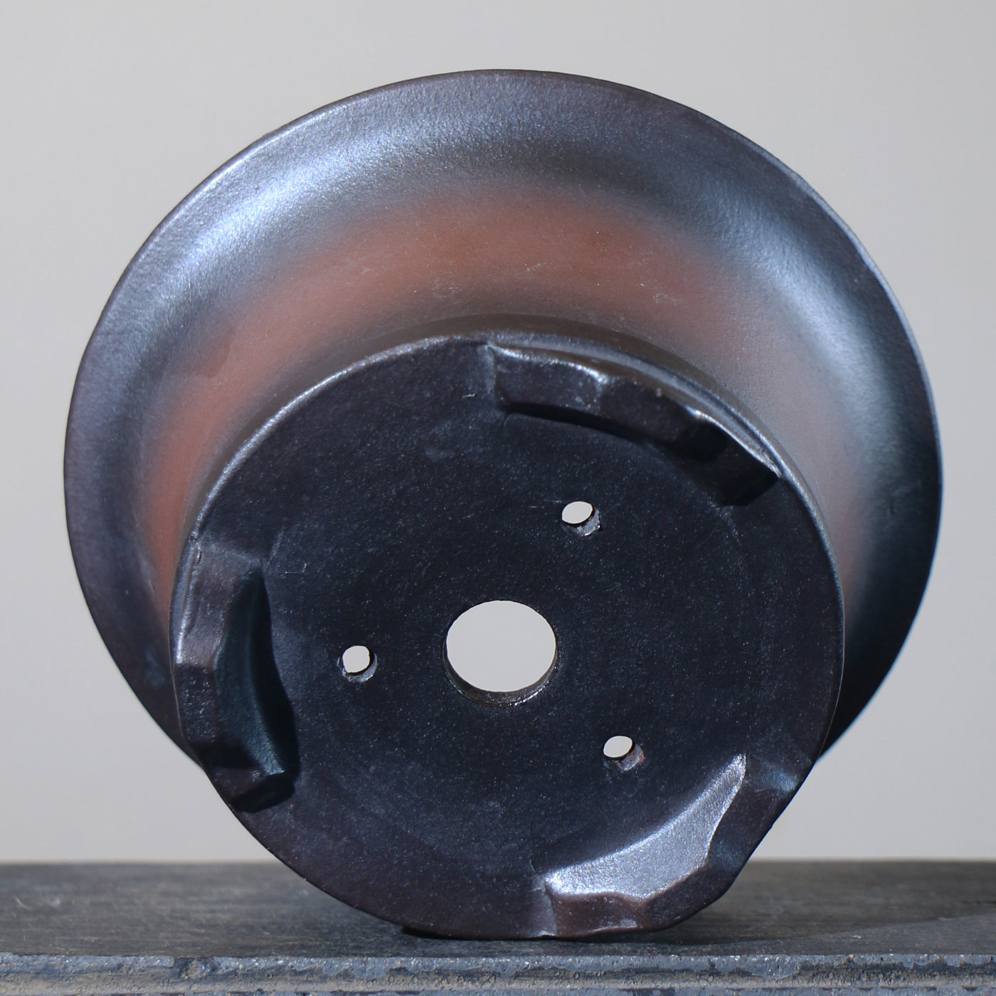 5.4 inch (13.8cm) Small Flared Round Black-Brown Gradient Unglazed Semi-Cascade Bonsai Pot Bottom View